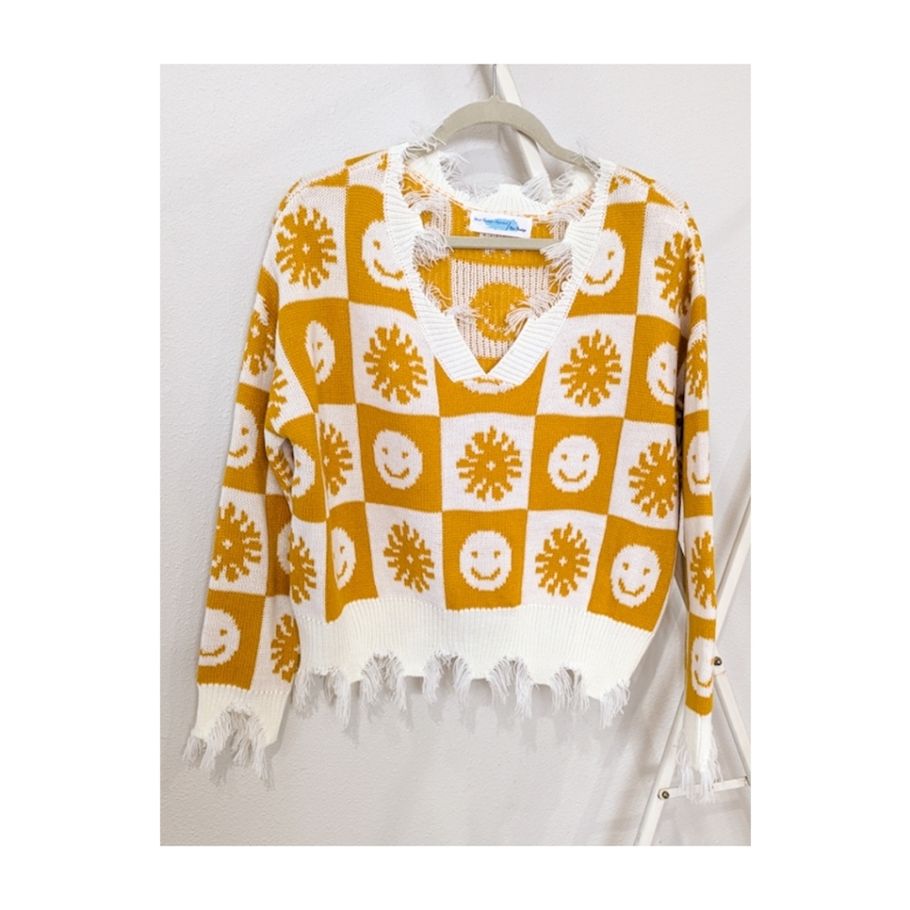 Happy Face and Floral Checkered V Neck Sweater